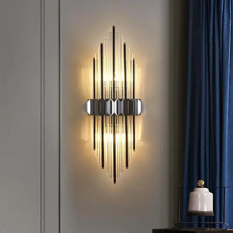Modern silver geometric crystal strip led wall lamp with faceted base and vertical glass rods for bedroom decorbites crystal strip