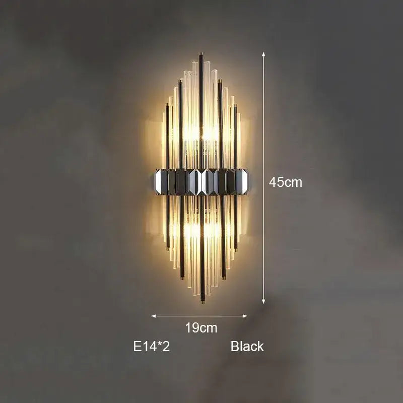 Modern silver geometric crystal strip led wall lamp with black vertical glass rods and central geometric accent for bedroom decorbites crystal strip