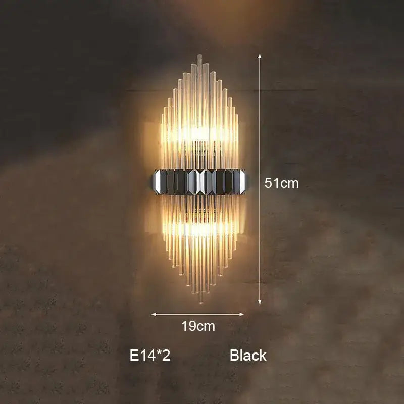 Modern silver geometric decorbites crystal strip led wall lamp with black frame and vertical glass rods for bedroom sconce decor
