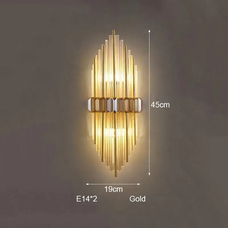 Gold-finished modern wall lamp with vertical glass rods and mirrored accent for decorbites crystal strip led sconce