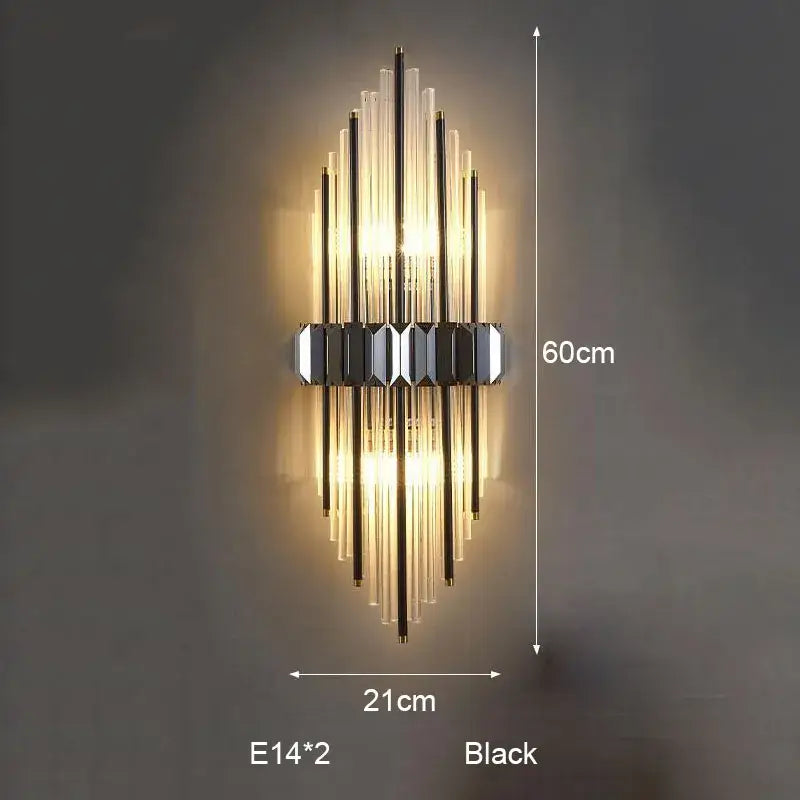 Modern silver geometric decorbites crystal strip led wall lamp with black vertical glass tubes and mirrored accent bar