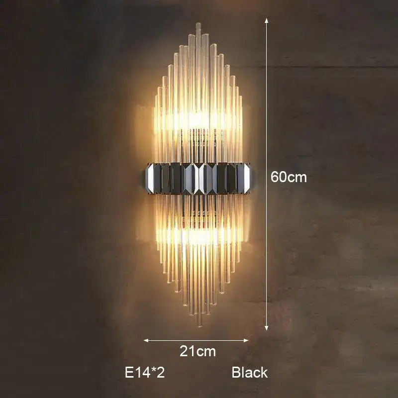 Modern black wall lamp with vertical glass rods and a silver geometric accent decorbites crystal strip led sconce