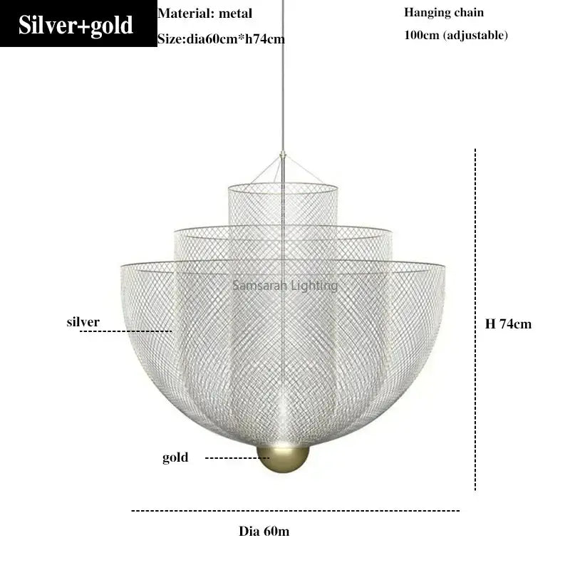 Modern silver and gold geometric iron chandelier with tiered mesh design for dining room decorbites geometric iron pendant light