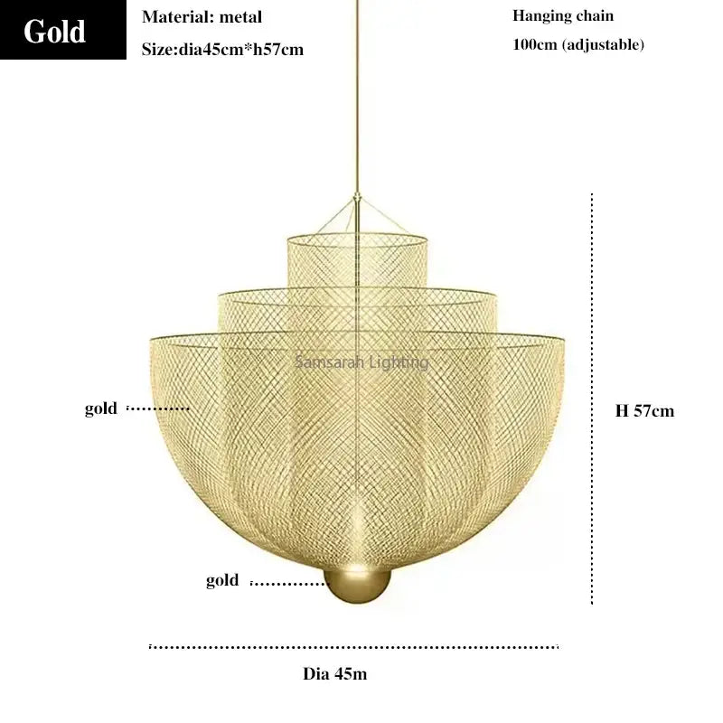 Gold-colored metal geometric iron chandelier with tiered mesh design and adjustable hanging chain for dining room decorbites