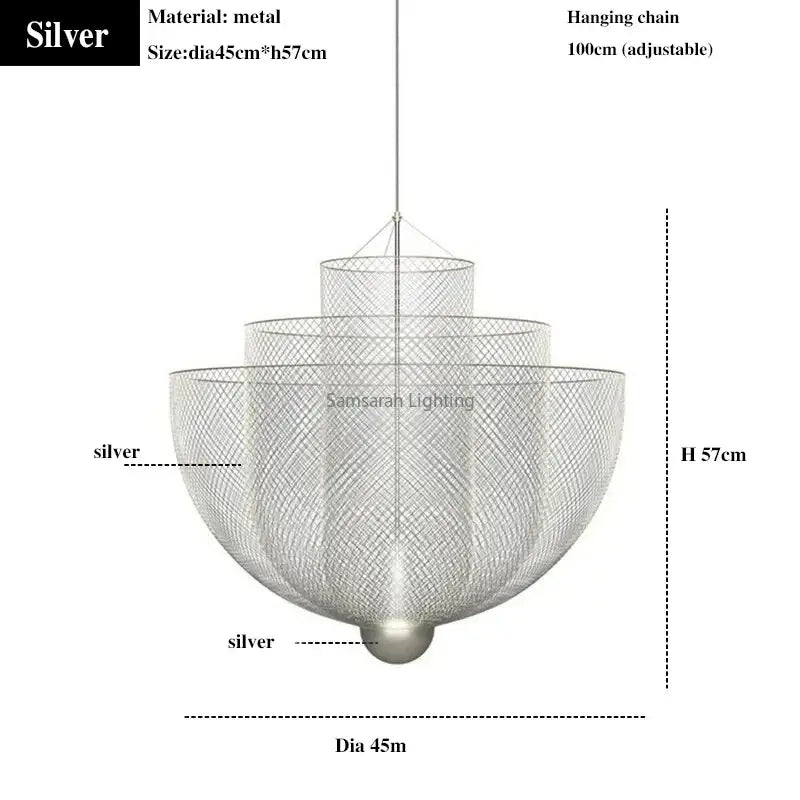 Modern silver geometric iron chandelier with tiered mesh design and adjustable hanging chain for dining room decorbites geometric iron