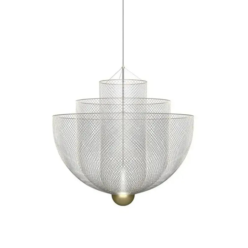 Modern silver geometric iron chandelier with tiered mesh layers and brass spherical base for dining room decorbites geometric iron