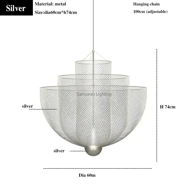 Modern silver geometric iron chandelier with tiered mesh design and adjustable hanging chain for dining room decorbites geometric iron