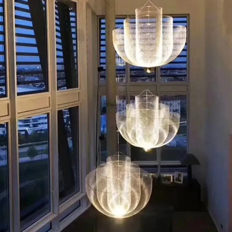 Modern silver geometric iron chandelier with three tiered translucent white mesh shades for dining room decorbites geometric iron