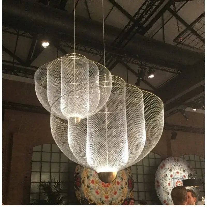 Modern silver geometric iron chandelier with multi-tiered delicate wire mesh design for dining room decorbites geometric iron