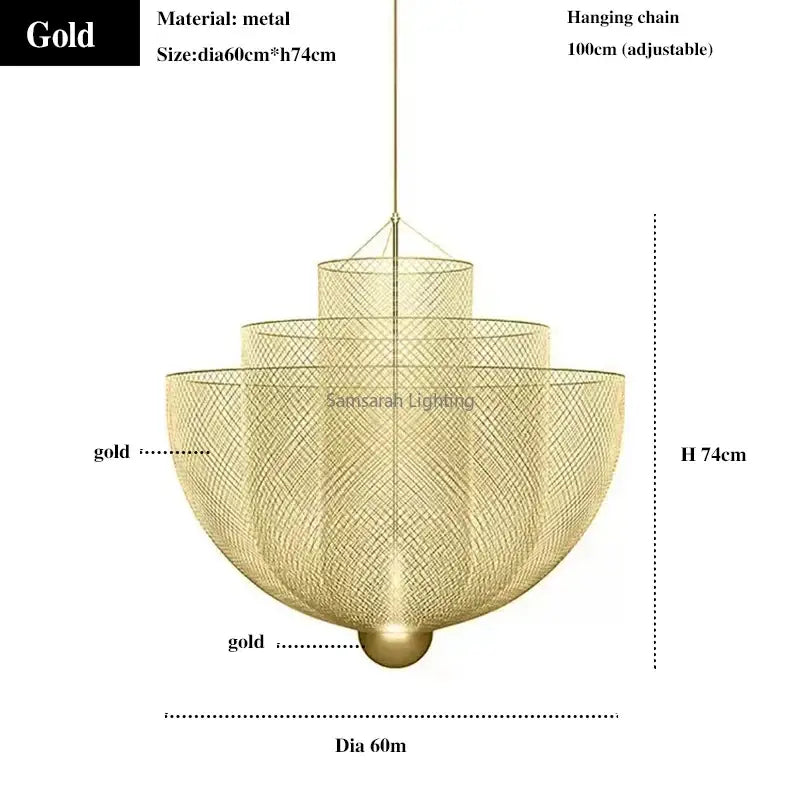 Gold-colored geometric iron chandelier with tiered mesh design and adjustable hanging chain for modern dining room decorbites geometric iron chandelier