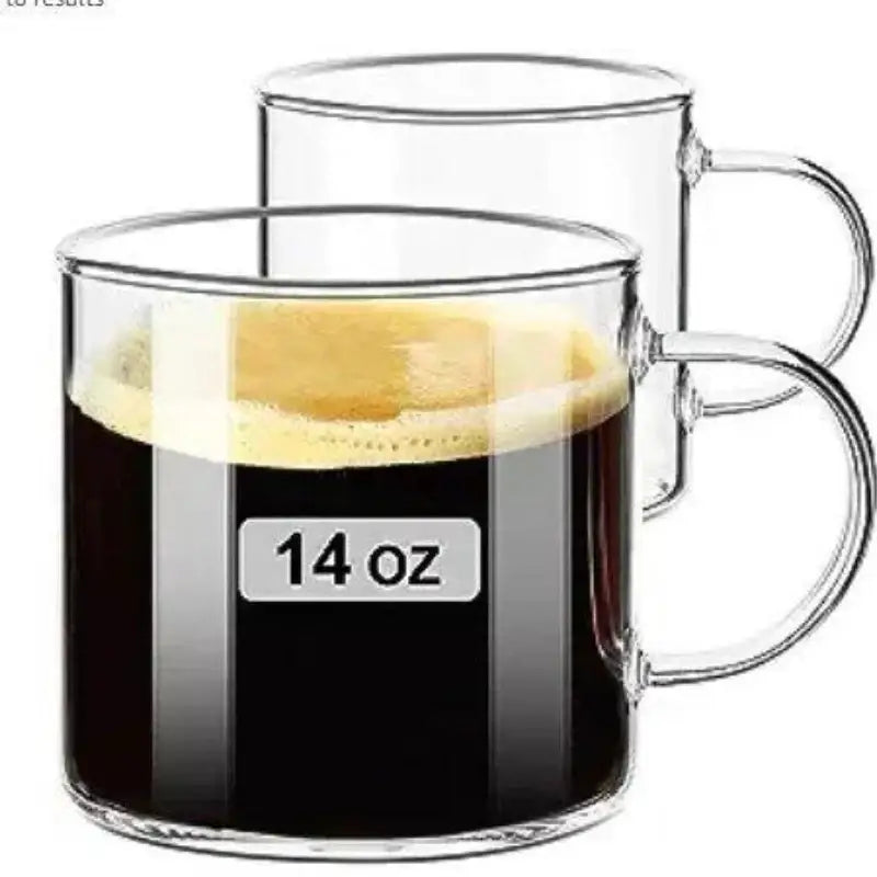 Clear glass coffee cup set with silver glass handle and rim featuring 14 oz capacity for dining room use
