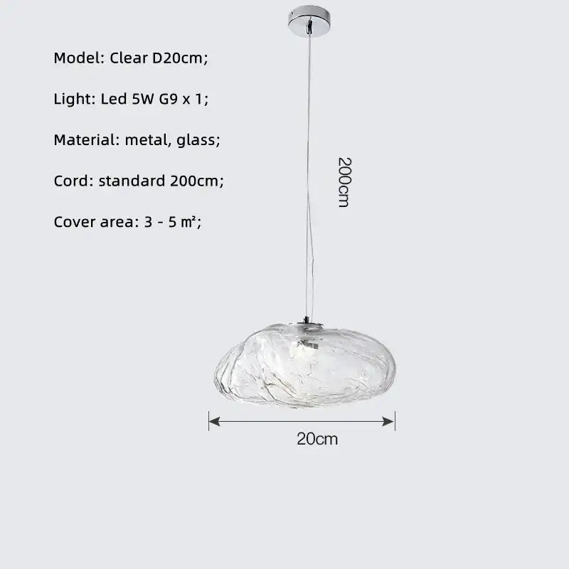 Modern silver glass led chandelier featuring a clear textured cloud-like glass led pendant for dining room use