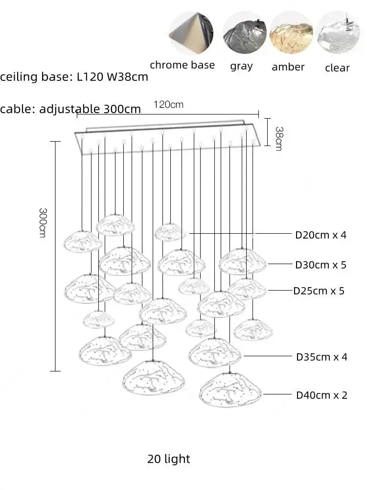 Modern silver glass led chandelier with chrome base and 20 cloud-shaped shades for dining room pendant lighting