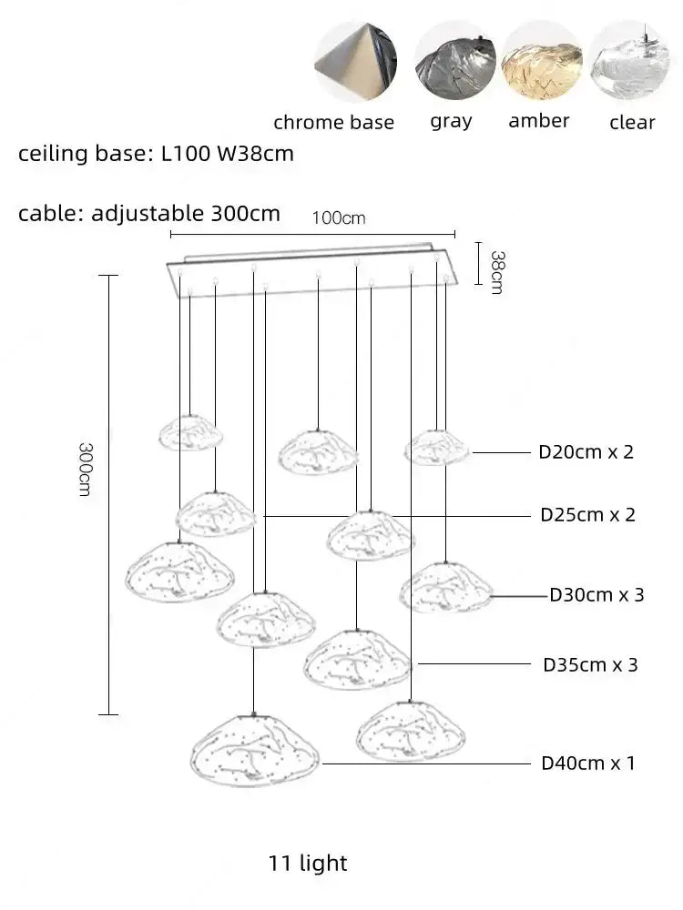 Modern silver glass led chandelier with 11 cascading glass shades in chrome or gray amber clear finishes for dining room