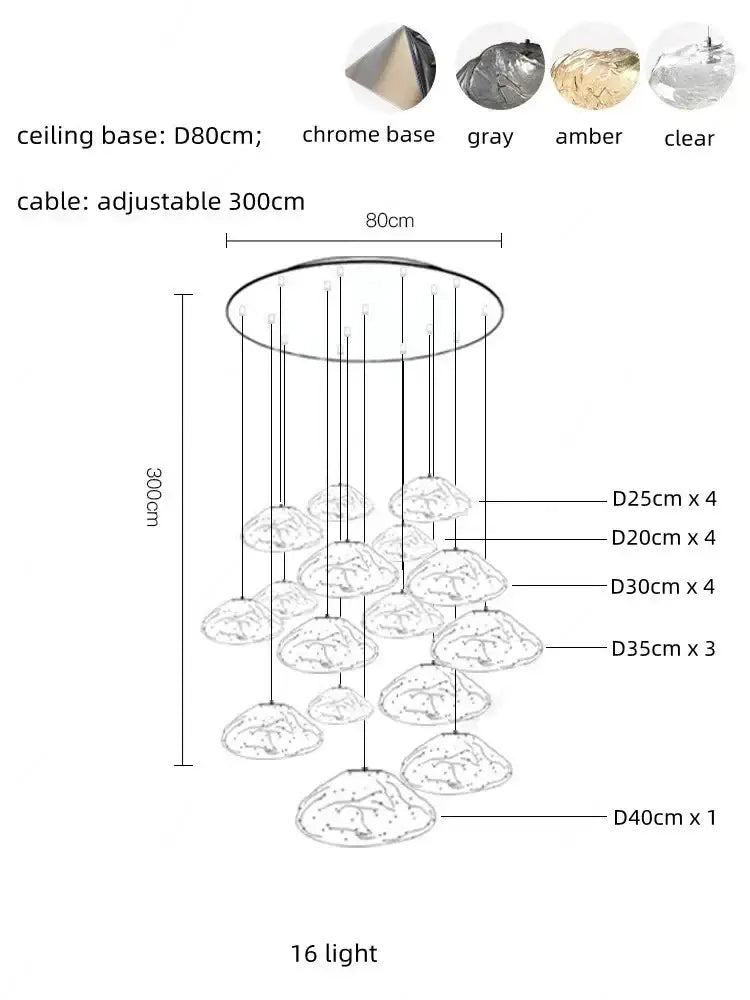 Modern silver glass led chandelier with 16 hanging globe lights and chrome base for dining room lighting