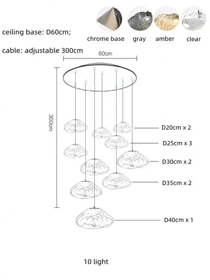 Modern silver glass led chandelier with ten pendant lights in gray amber or clear for dining room lighting