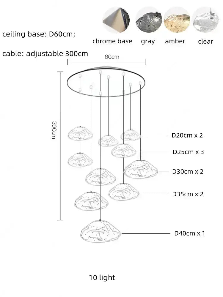 Modern silver glass led chandelier with ten pendant lights in gray amber or clear for dining room lighting