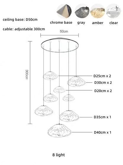 Modern silver glass led chandelier with eight unique glass shades in chrome base for dining room lighting