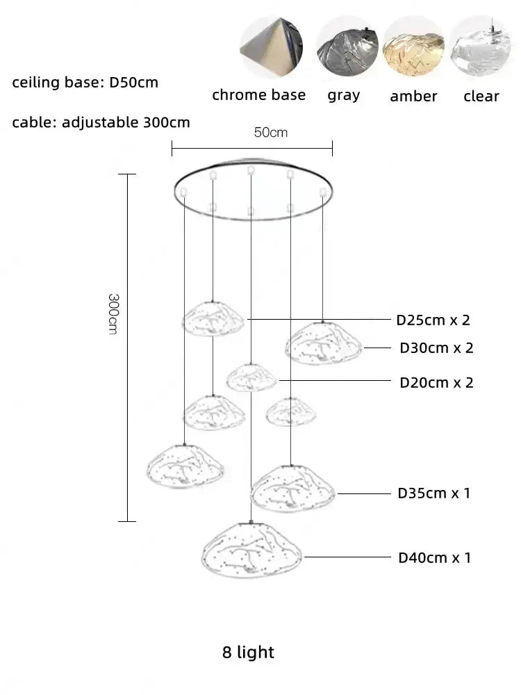 Modern silver glass led chandelier with eight unique glass shades in chrome base for dining room lighting