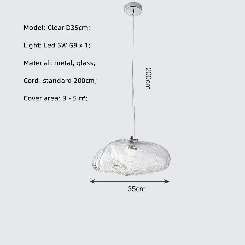 Modern silver glass led chandelier with textured cloud-like clear glass pendant and metallic ceiling mount for dining room