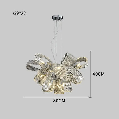 Modern silver glass pinecone led chandelier featuring a sculptural mesh bow design with multiple g9 bulbs