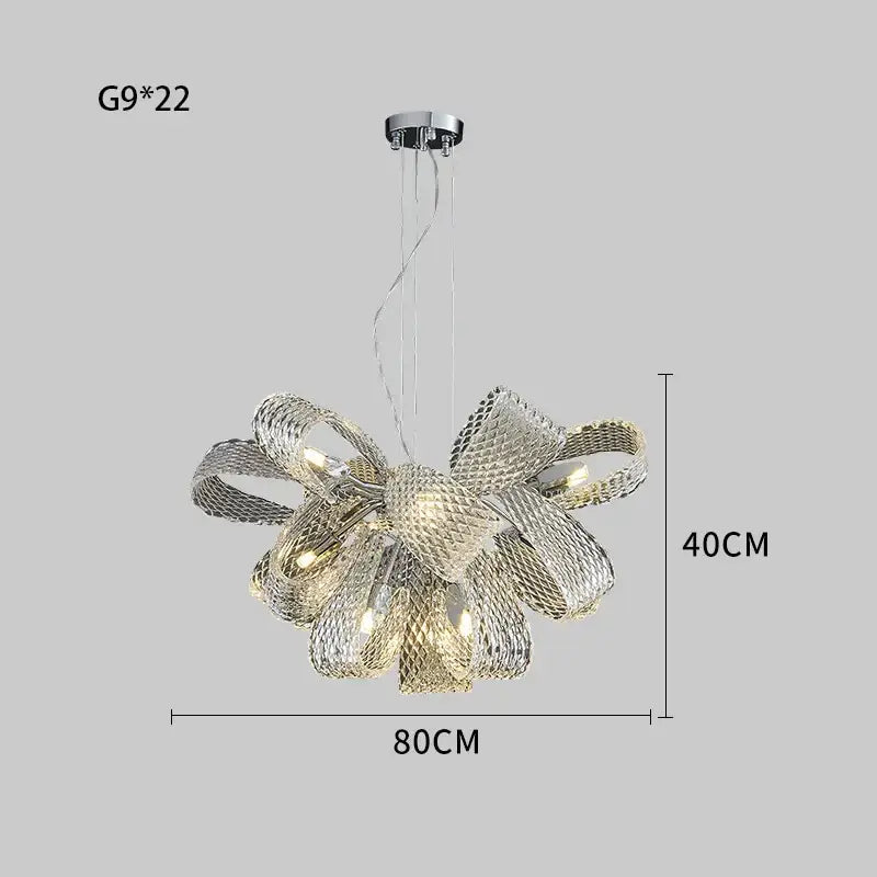 Modern silver glass pinecone led chandelier featuring a sculptural mesh bow design with multiple g9 bulbs