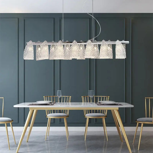 Modern silver glass pinecone led chandelier with sleek frame and faceted shades for dining room pendant lighting