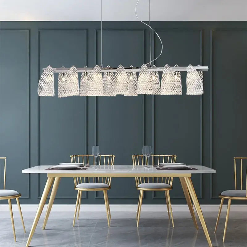Modern silver glass pinecone led chandelier with sleek frame and faceted shades for dining room pendant lighting