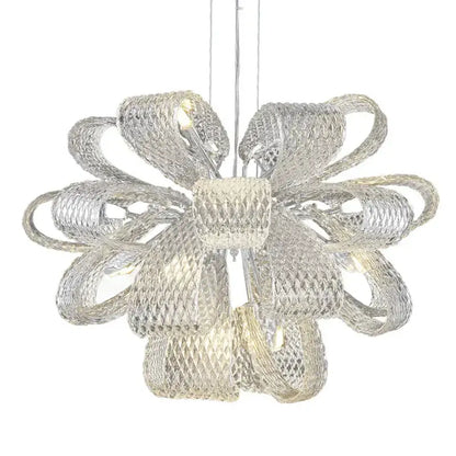 Modern silver glass pinecone led chandelier with bow-shaped design and intricate mesh detailing for dining room pendant light