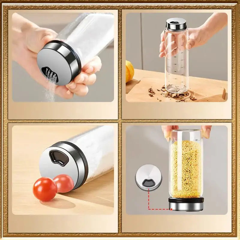 Clear glass seasoning jar with sleek silver metal top base and integrated bottle opener in modern seasoning jar set