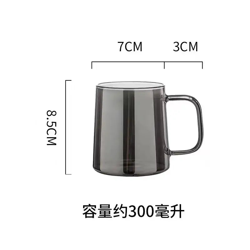 A sleek dark gray translucent glass mug with handle next to a modern silver glass water pitcher with lid for kitchen use