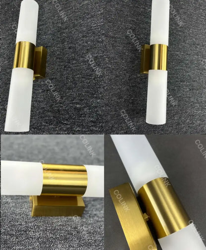 Modern wall lamp with frosted white glass cylinder and polished brass accents by decorbites led wall lamp