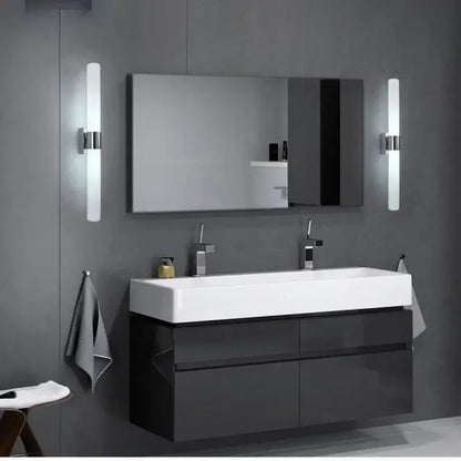 Modern silver gold and black led wall lamp bedroom sconce with glossy black vanity and white rectangular sink decorbites led wall