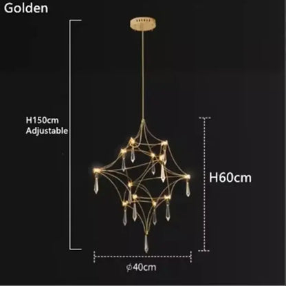 Modern gold pendant light with geometric wireframe, crystal droplets, adjustable height, perfect focal point for dining room modern design