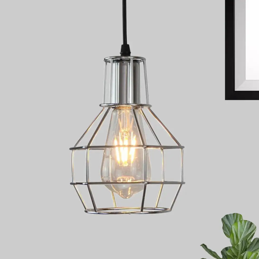 Modern Silver/Gold Metal Ceiling Fixture with Cage Shade - Stylish Loft Hanging Lamp for Coffee Shops