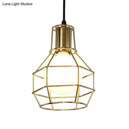 Modern Silver/Gold Metal Ceiling Fixture with Cage Shade - Stylish Loft Hanging Lamp for Coffee Shops