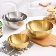 Set of three modern stainless steel mixing bowls in brushed silver and polished gold by decorbites stainless steel
