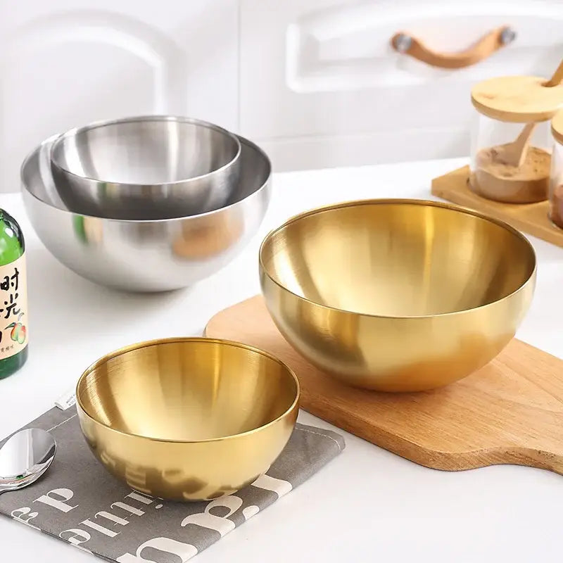 Set of three modern stainless steel mixing bowls in brushed silver and polished gold by decorbites stainless steel