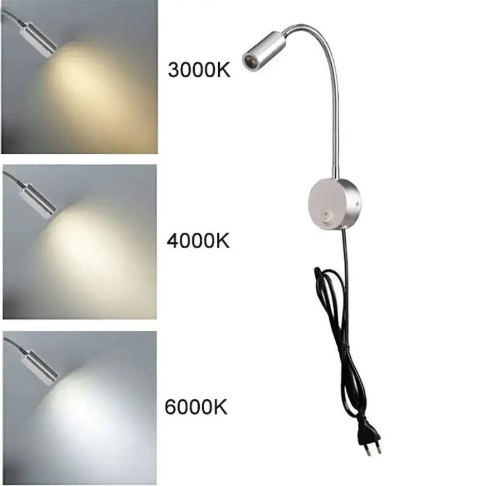 Modern silver flexible gooseneck led wall light reading lamp with adjustable 3000k 4000k and 6000k color temperatures decorbites led wall