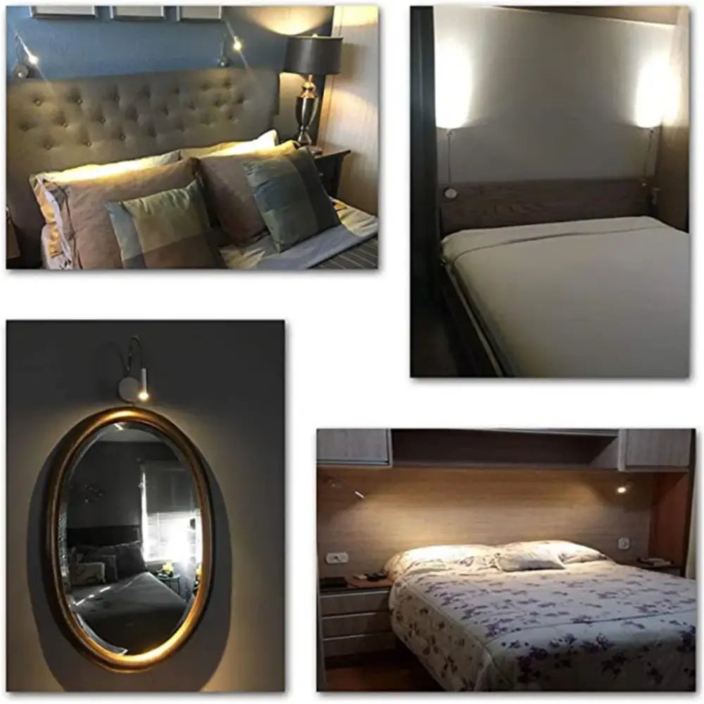 The image shows four bedroom headboards with a tufted beige upholstery, dark wood panel, oval gold mirror, and a modern silver decorbites led wall reading light