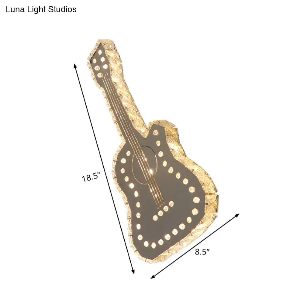 Modern silver guitar led wall lamp with clear k9 crystal and golden accents for stylish guitar bedchamber lighting
