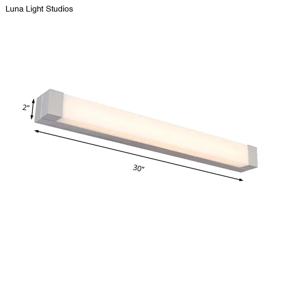 Modern silver led bathroom vanity light with acrylic shade 30 inch sleek frame diffused white illumination 110v-120v maximum bulb wattage