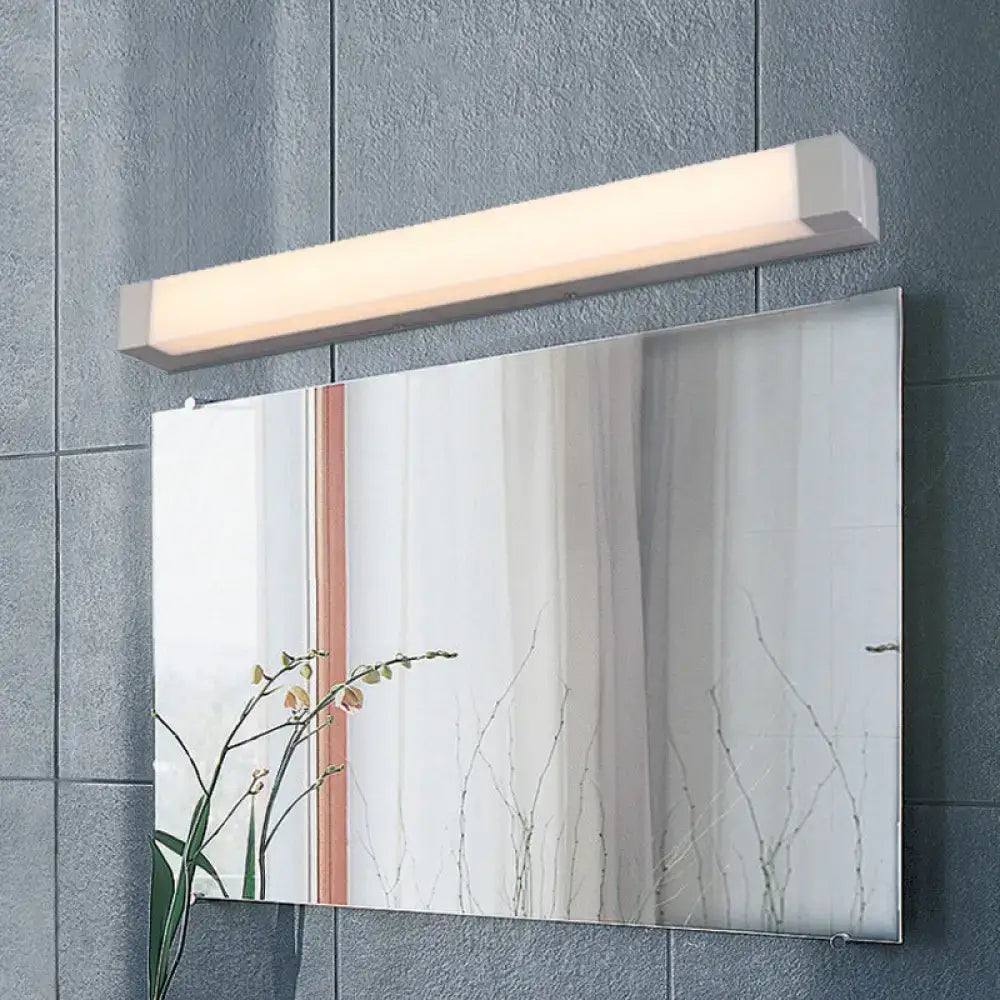 Modern silver led bathroom vanity light with acrylic shade and maximum bulb wattage 110v-120v mounted above mirrored cabinet