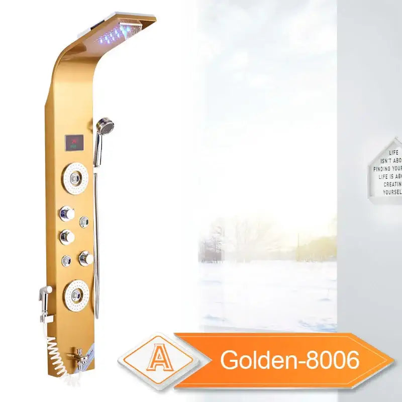 Modern gold led light shower system golden-8006 with multiple control knobs and integrated rain shower head for bathroom