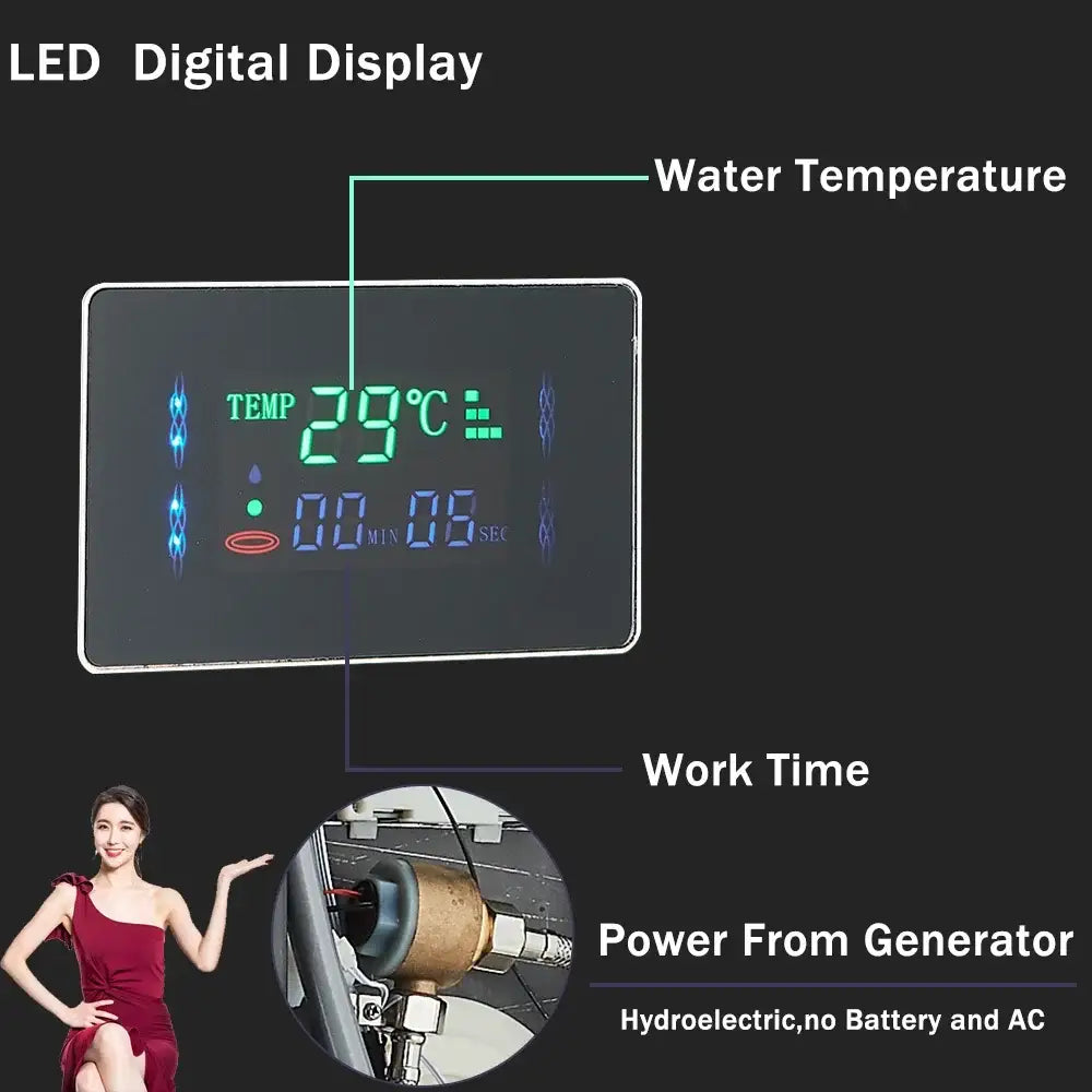 Modern silver led light shower column with 6 modes featuring a green illuminated led digital display showing temperature and time