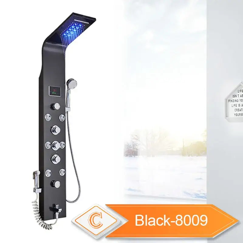 Black-8009 model modern silver shower column with chrome knobs and large rectangular rainhead featuring blue led light