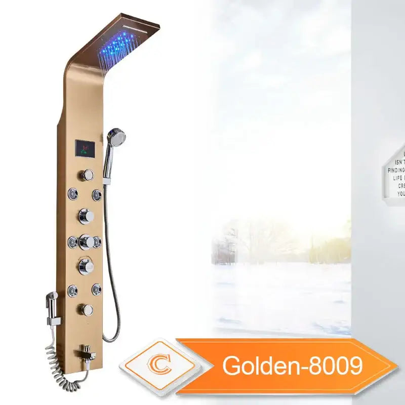 Gold-finished shower system with blue led light, large rectangular rainhead, control knobs, and handheld showerhead for bathroom