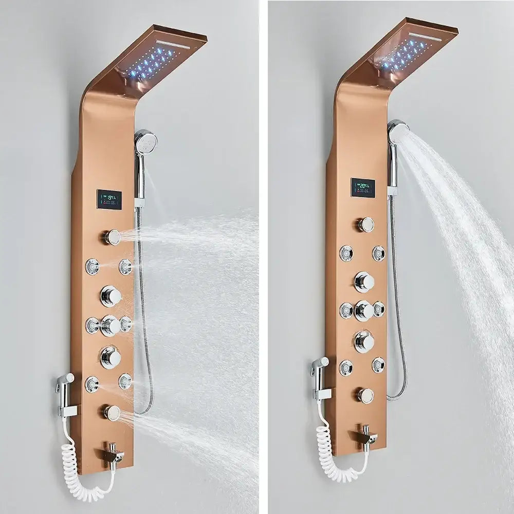 Rose gold finish shower panel with digital display and multiple spray settings featuring led light for modern bathroom use