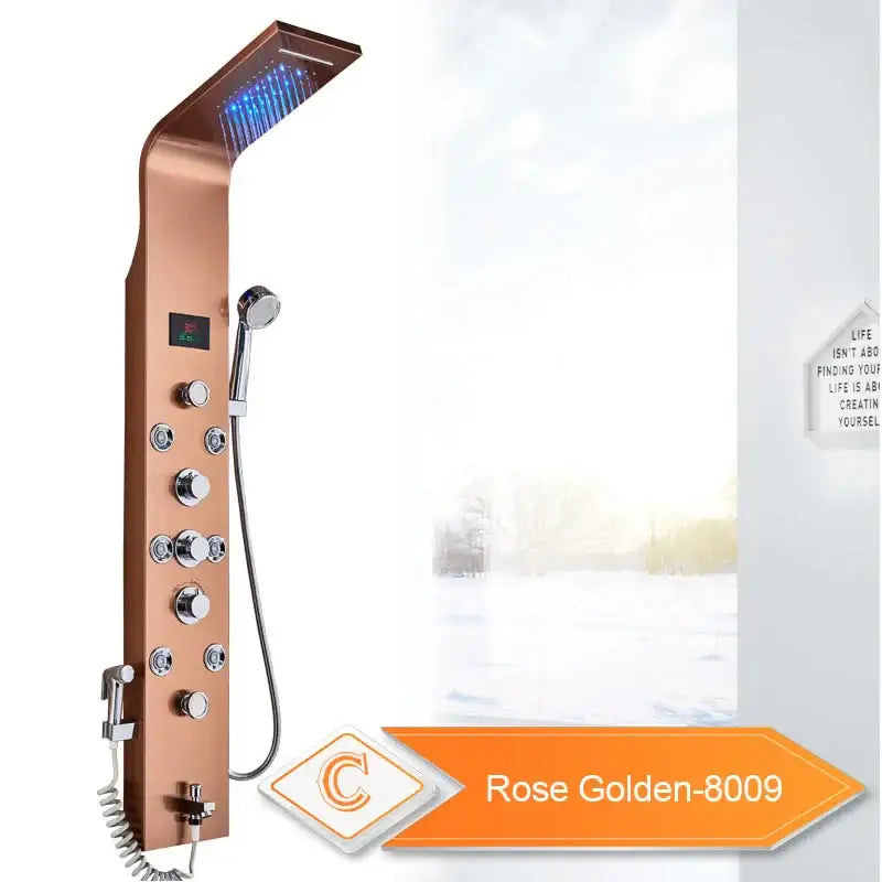 Rose gold shower panel with large rectangular rainhead, multiple controls, handheld showerhead, and led light feature