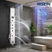 Modern silver Rozin rainfall shower system with six spray modes and blue led light for bathroom use